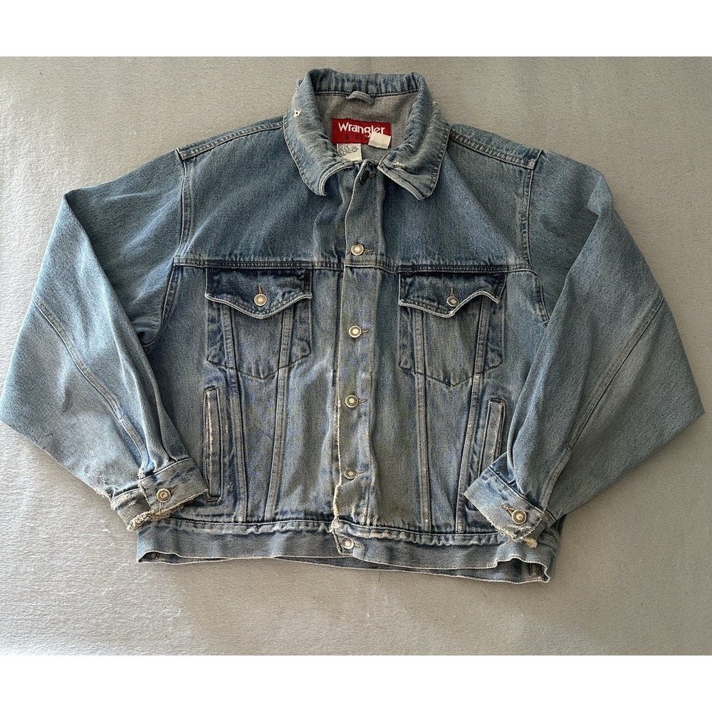 Wrangler Hero Denim Trucker Jacket Thrashed Distressed Faded Western Mens Large